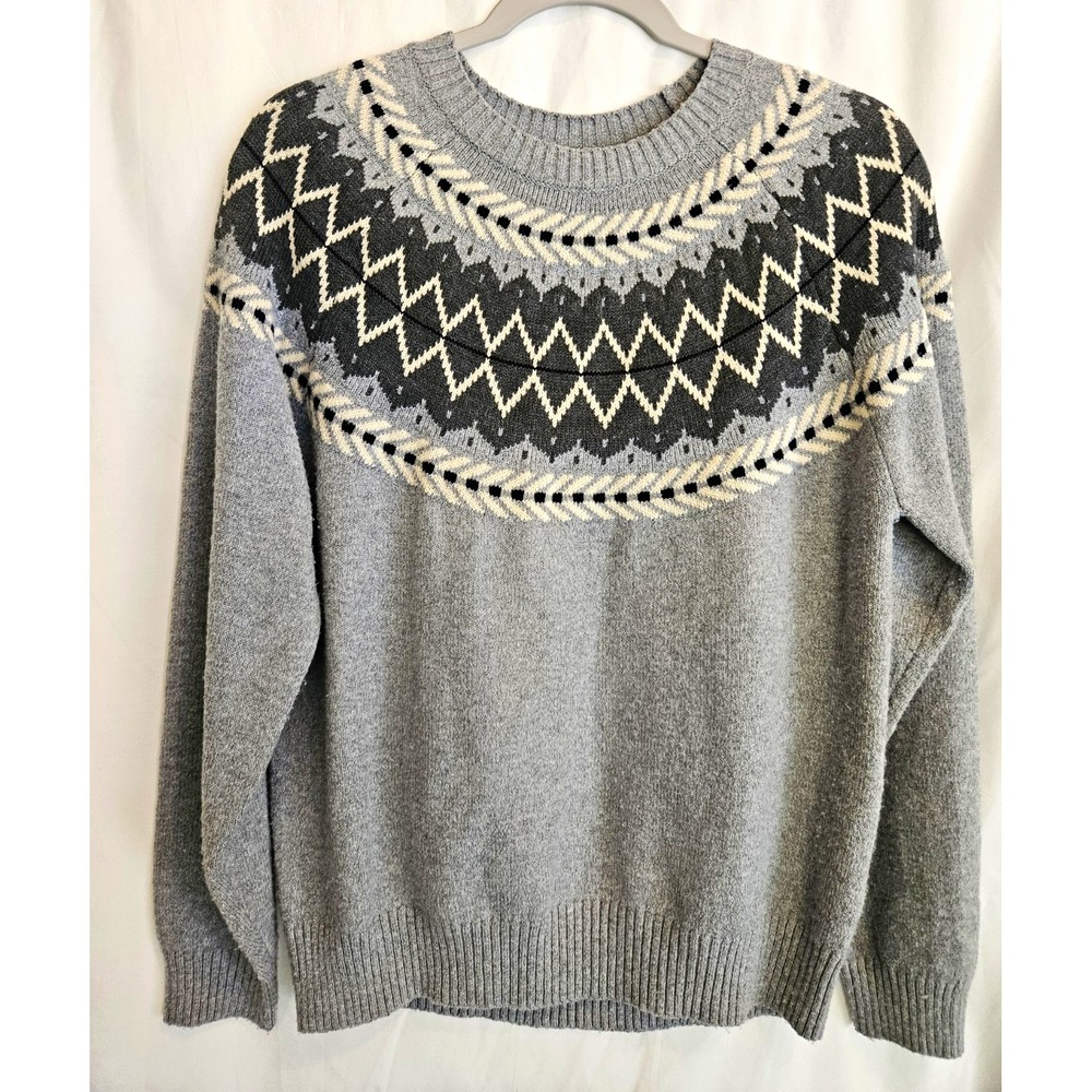 Weatherproof Womens S Gray Fair Isle Knit Crew Neck Long Sleeve Pullover Sweater